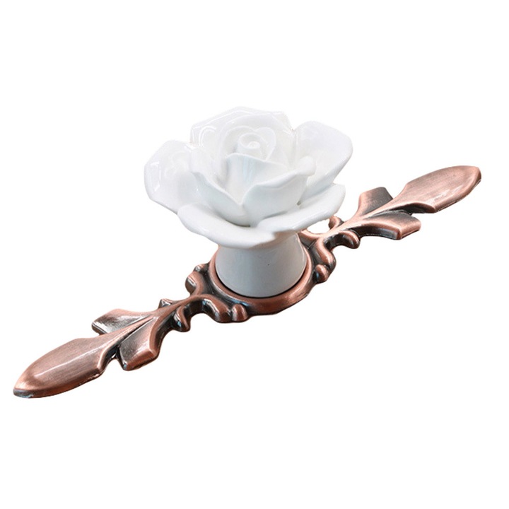 Maner mobila trandafir, Enforose, 118x40x37mm, aliaj zinc + ceramica, verde bronz + alb