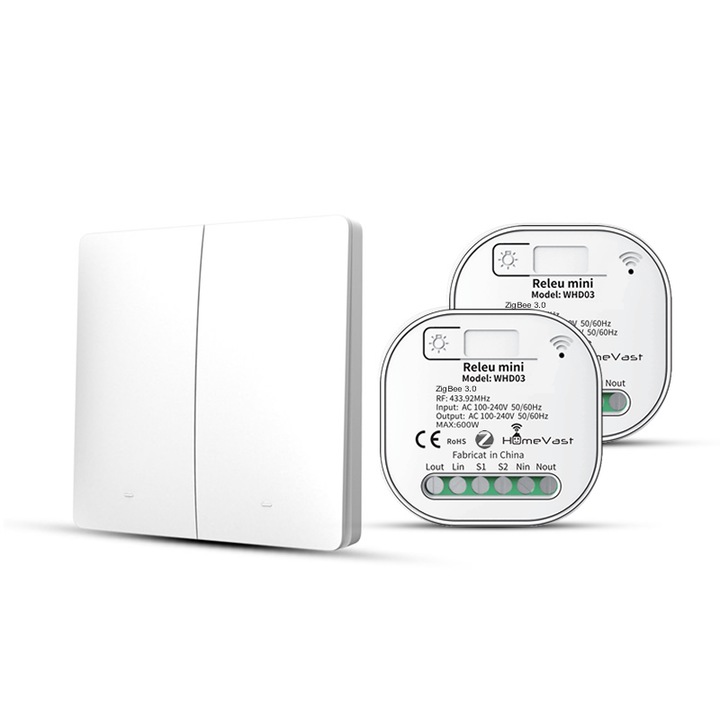 Kit 1 intrerupator cinetic RF433, HomeVast®, 2 canale, alb, plus 2 receivere inteligente, ZigBee+RF, on/off, compatibile Tuya, Smartlife, Google Home si Amazon Alexa