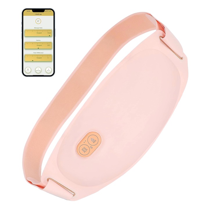 Bluetooth колан за отслабване, с отопление и масаж, управление чрез приложение, 3 нива на топлина и 5 режима на вибрация, против менструални, циклични и лумбални болки, презареждащ се, розов