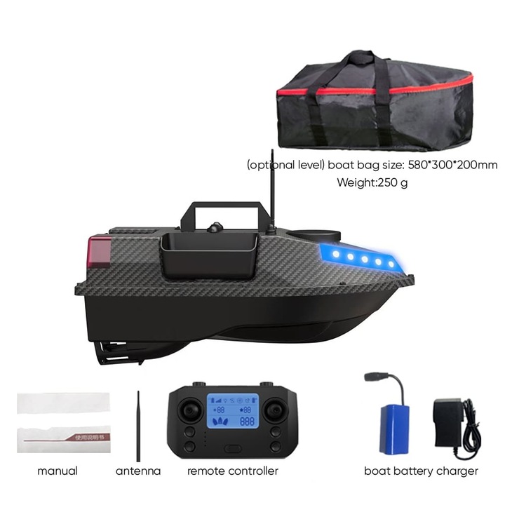 Риболовна лодка, 1x13000 Mah литиева батерия, модел на лодка за захранка, GPS с 99 памети, обхват 600 м, 3 резервоара, 7 различни цвята LED осветление, 2 кг товар, цвят Carbon Black