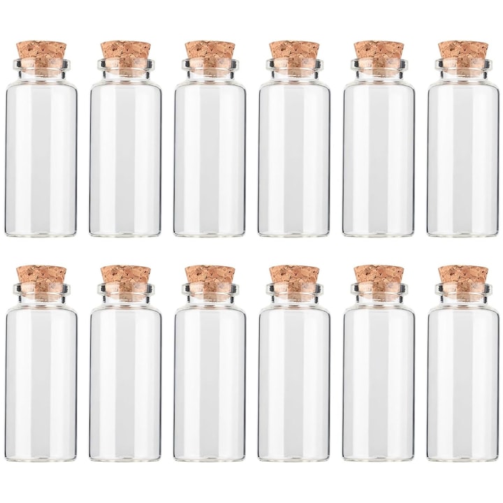 Комплект 12 бр. Стъклено шишенце с коркова тапа, ZGGZERG, Стъклен съд за съхранение с коркова тапа, 15 мл, Запечатване, За многократна употреба, Удебелено дъно на шишенцето, Направи си сам, За занаяти/декорации, 3*10 см, Прозрачен/кафяв