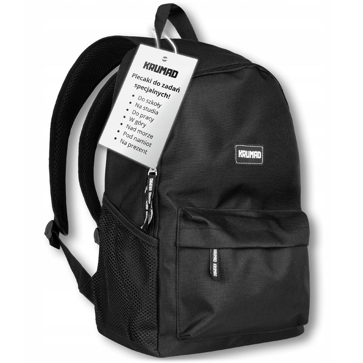 Rucsac Scolar si Turistic KRUMAD Negru, Rucsac pentru Scoala, Liceu, Universitate si Excursii, Spatios cu Buzunar Frontal si Buzunare Laterale, Bretele Reglabile, Material Rezistent Poliester, Unisex