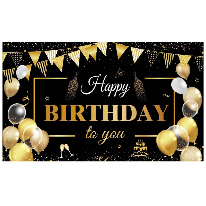 Banner Tip Fundal pentru Poze, By Fitilomania, din Panza, Model Happy Birthday to You, 185 x 110 cm, Sfoara 6 m, Prindere in 4 Colturi, Negru/Auriu