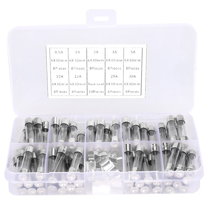 Set organizator cu sigurante sticla, Enforose, 9 tipuri, 8 bucati fiecare, 250V, cutie plastic transparenta