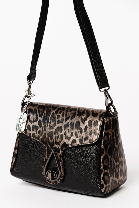 Anna Morellini, Кожена чанта за рамо с животински принт, Черен, Сиво-кафяв