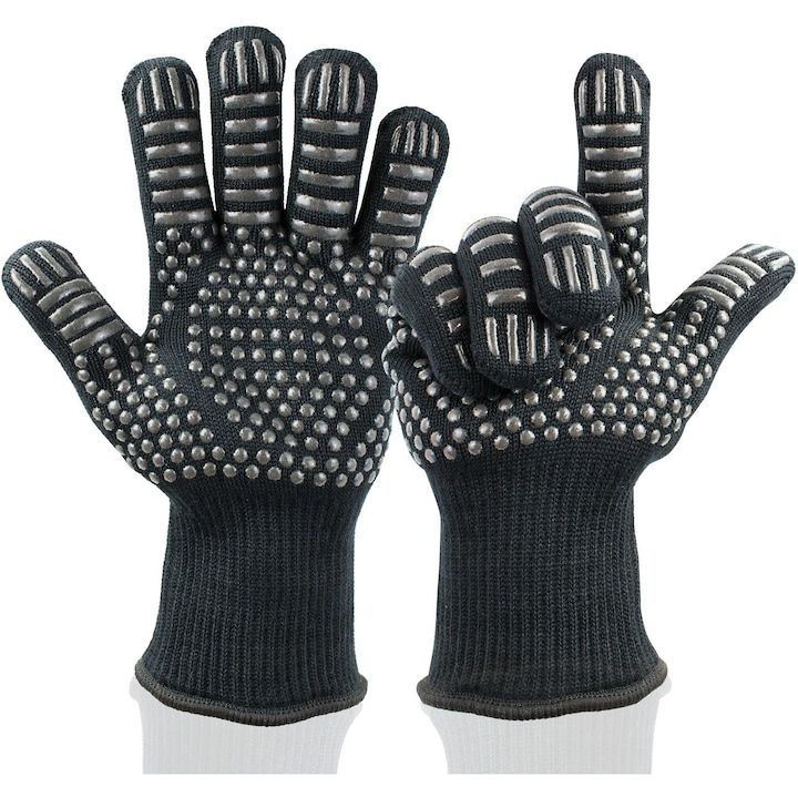 Konyhai kesztyű, Enforose, hőálló, 5 ujjas kialakítás, csúszásmentes, sötét mahagóni színű, körülbelül 30 cm hosszú