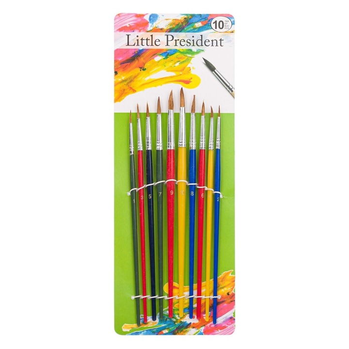 Set 10 Pensule Pictura cu Varf Rotund, Peri din Par Natural, Marimi Nr. 1 - Nr. 10, Maner Multicolor