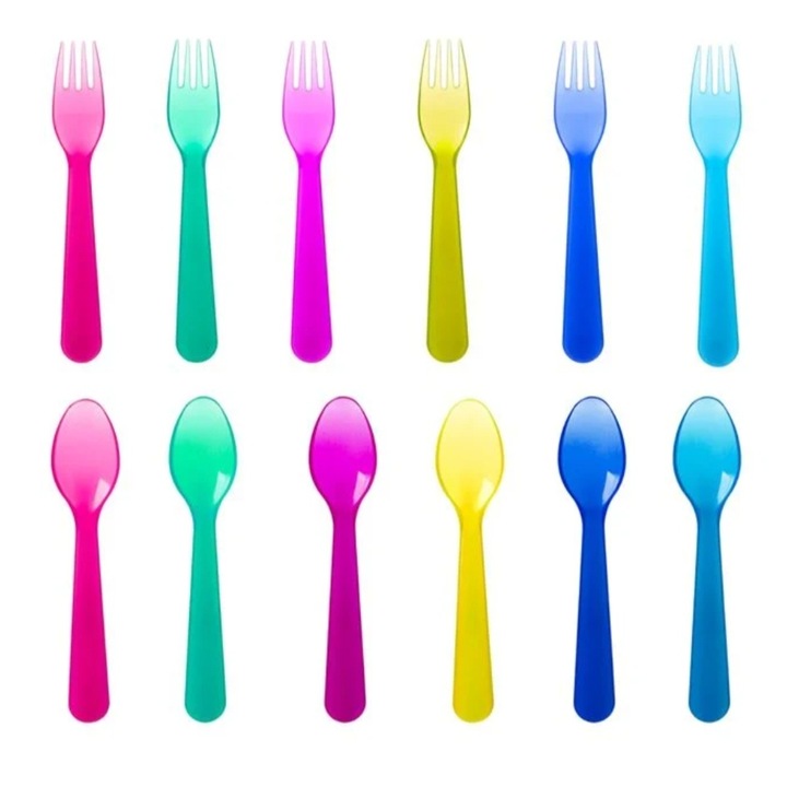 Set tacamuri plastic, reutilizabile, lingura/furculita, multicolor, 12buc, 16cm
