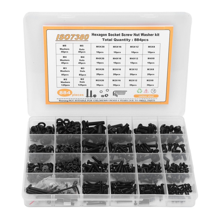 884 buc. Kit asortiment de suruburi cu cap hexagonal din otel carbon semirotund, suruburi, piulite, saibe, set chei