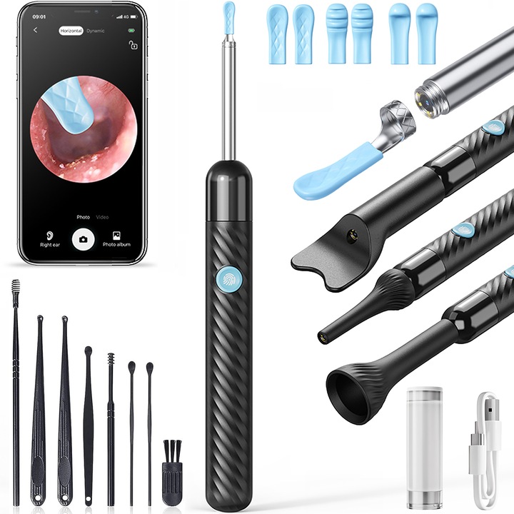 Aparat pentru Curatat Urechile cu Camera HD 1080P, Otoscop, Vizualizare la 360°, Functie Foto/Video, Conexiune Wi-Fi, Diametru Ultra-Subtire de 4 mm, Incarcare Type-C, 350mAh, Iluminare LED, Compatibil cu iOS/Android, IP67, Accesorii Incluse, X6D, Negru