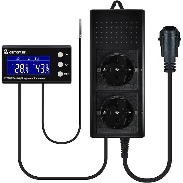 KETOTEK дигитален термостат и гнездо за хигростат, KT6000, с таймер ден/нощ, контролер за температура и влажност, сензор включен, 230V, за оранжерия и терариум
