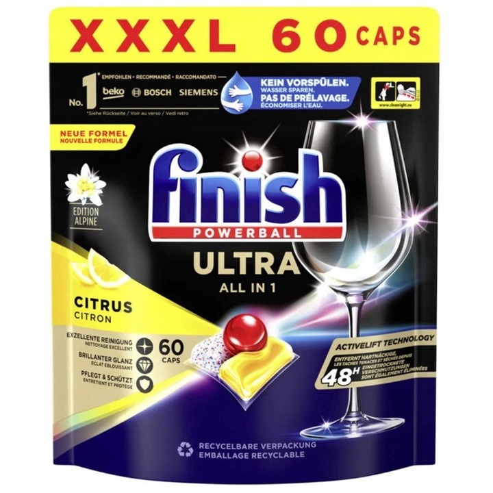 Detergent capsule pentru masina de spalat vase Finish Powerball Ultra All in 1 Citrus XXXL 60 tablete