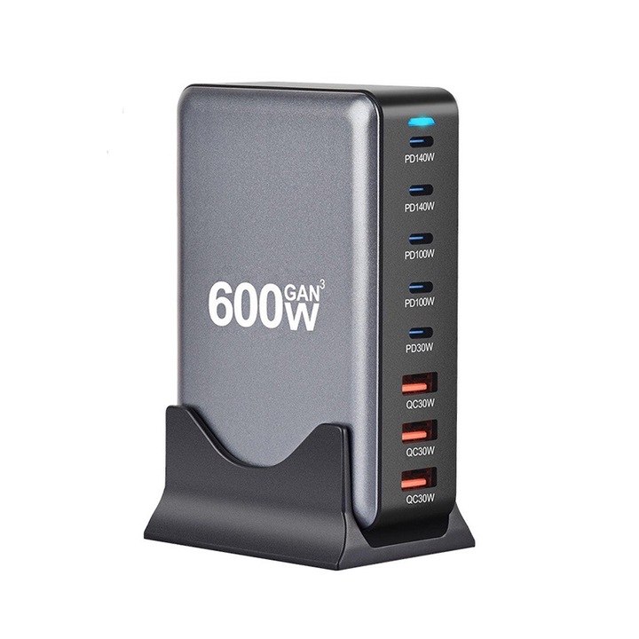 Többportos asztali töltőállomás, 600W, 5 USB-C PD, 3 USB-A QC, GaN technológia, szürke