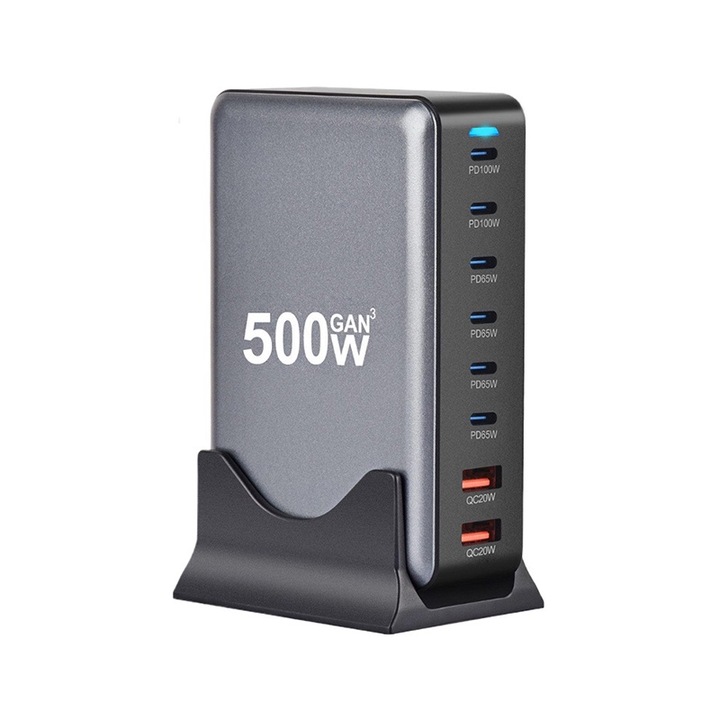 Többportos asztali töltőállomás, 500 W, 6 USB-C PD és 2 USB-A QC, GaN technológia, világosszürke