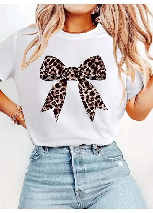 Tricou dama, Leopard Bow, Alb