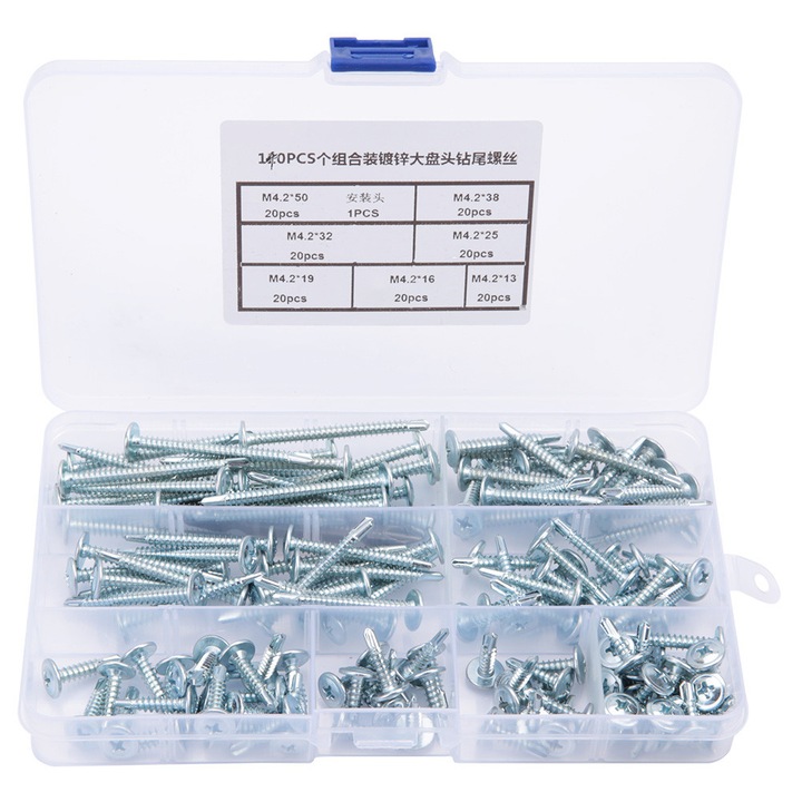 140 buc Suruburi autofiletante M4.2 cu cap de foraj, set de suruburi cu coada de foraj