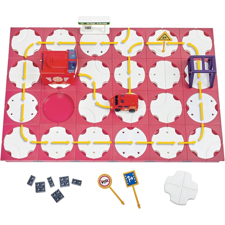 Joc STEM logic de construit drumuri cu lumini, sunete si masinuta electrica, statie de pompieri, 82 piese 3 ani