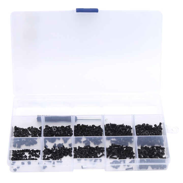 Set de suruburi din otel carbon cu surubelnita, Enforose, 501 buc, dimensiuni variate, organizat in cutie transparenta