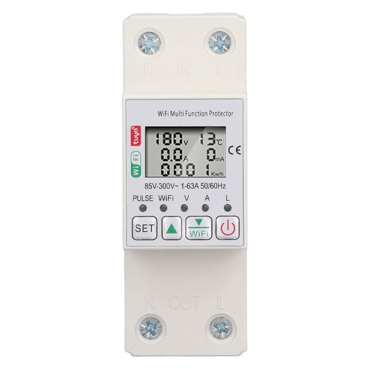 Releu wifi smart monofazic si contor de energie inteligent, Rqiurpn, 63A, 85-300V, reglabil, digital, protectie supratensiune and suprasarcina, tuya, monitorizare electricitate, control vocal, Bluetooth, ABS, Alb