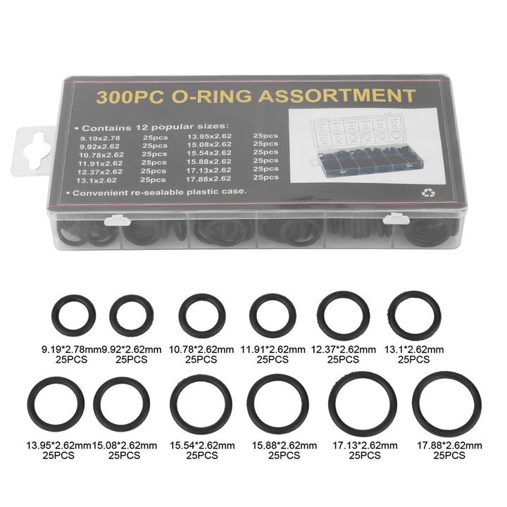Set 300 inele de etansare NBR, Enforose, 12 dimensiuni, rezistente la caldura si ulei, 9.19x2.78mm - 17.88x2.62mm