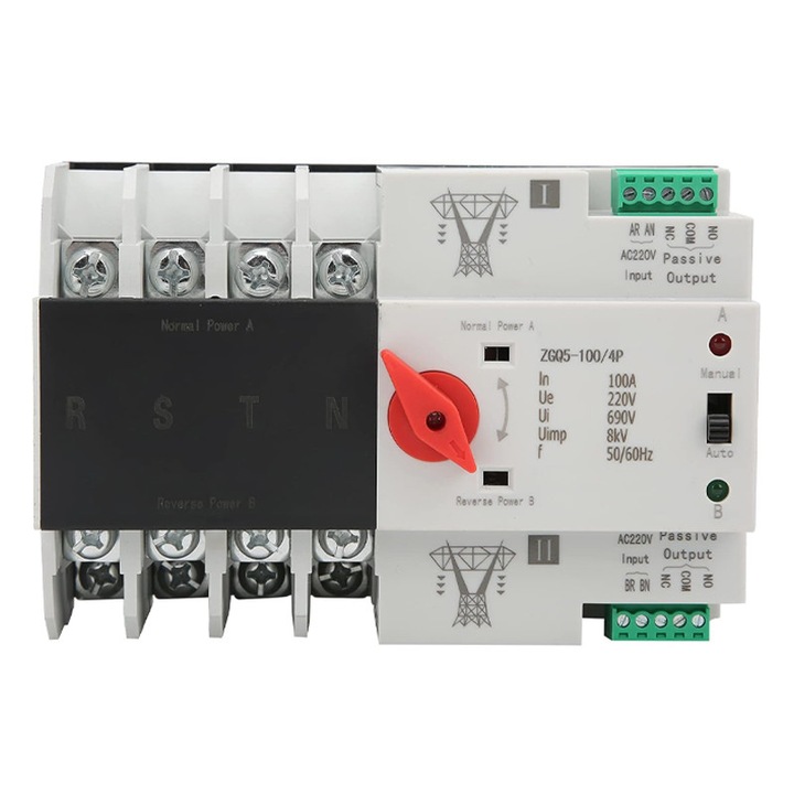 Comutator de transfer automat de putere dubla neintrerupt si invertor 4P 100A, Rqiurpn, sina DIN panouri fotovoltaice, plastic ignifug, 220V, Plastic, Alb