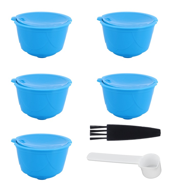 Комплект капсули за кафе за многократна употреба Enforose, 5 броя, една лъжица, една четка, сини, 5.2x3.5см