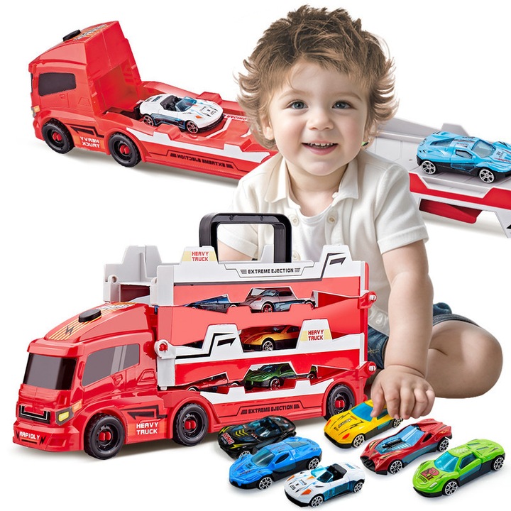 Комплект играчки, камион с 6 колички, сгъваема писта, 3-6 години