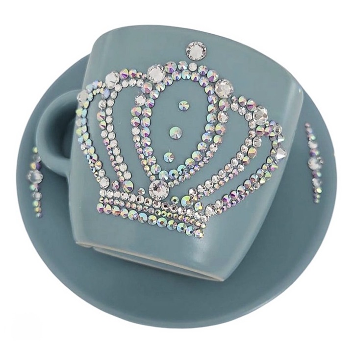 Set ceasca si farfurie turcoise, 25 cl, personalizata cu Cristale, by Alexandra Vacarusi