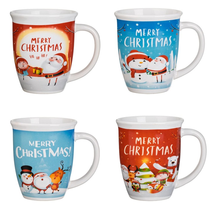 Set cani ceramice cu figurine de Crăciun 420ml - 4 buc, oval, multicolor