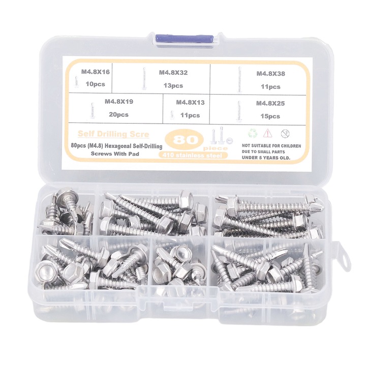 Set de 80 suruburi autoforante M4.8, Enforose, inox, cutie de depozitare