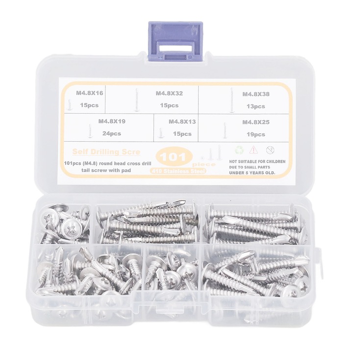 Set 101 suruburi cu autoforare M4.8, Enforose, inox, 6 dimensiuni, cutie de depozitare, argintiu