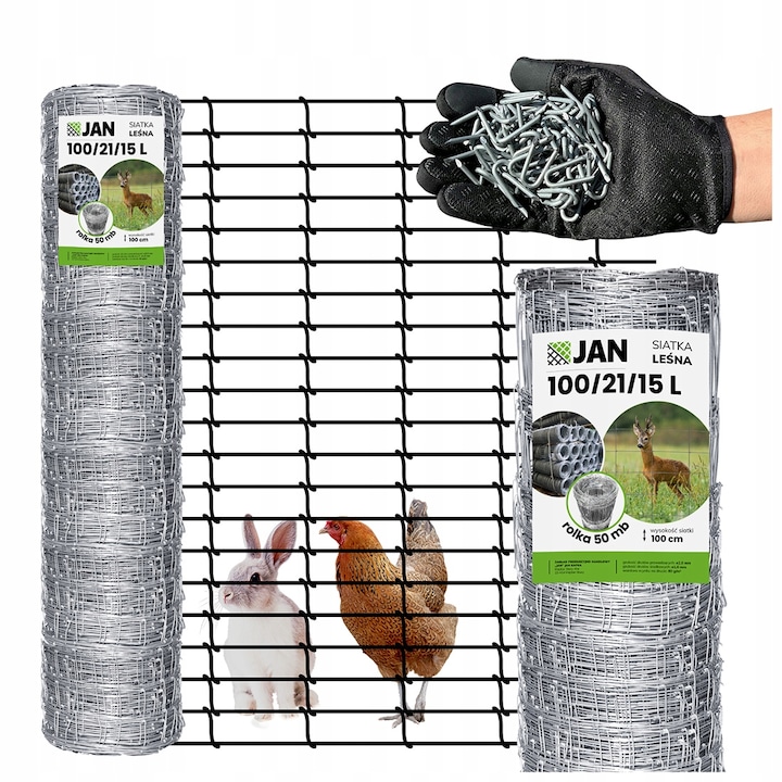 Plasa de gard forestier, Metal, 100/21/15 l, Zincata, Inaltime 1 m, Latime 50 m, Rezistenta la conditii meteorologice, 2 mm diametru, 1.5 kg