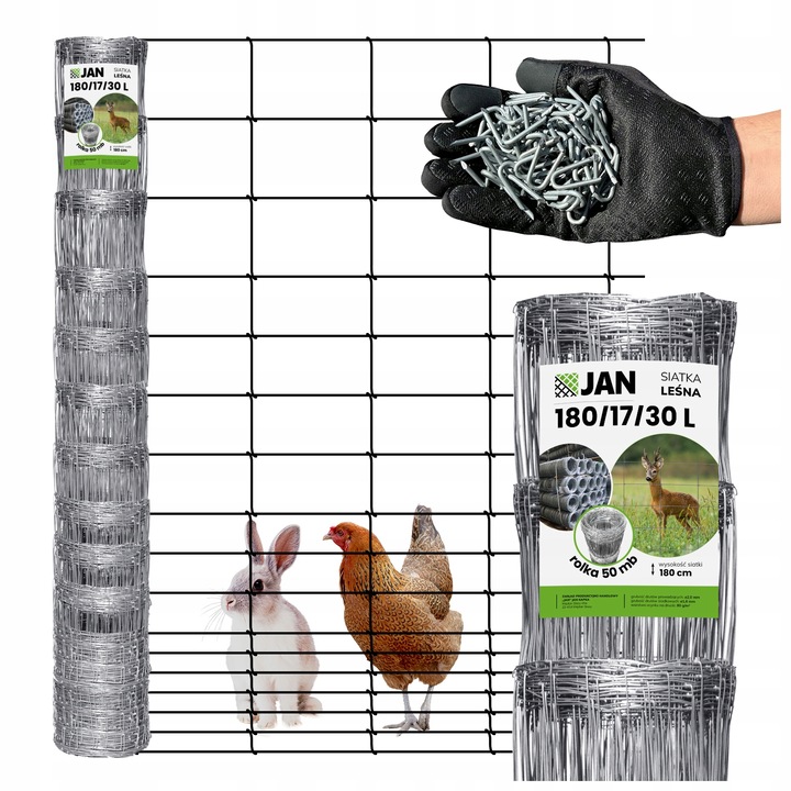 Plasa De Gard Forestier, JAN, 1 Rola, 180/17/30 L, 50 m, Inaltime 180 cm, 17 Fire Orizontale, Distanta Intre Firele Verticale 30 cm, Fir Inferior Si Superior Diametru 2 mm, Firele Centrale 1.6 mm, Argintie