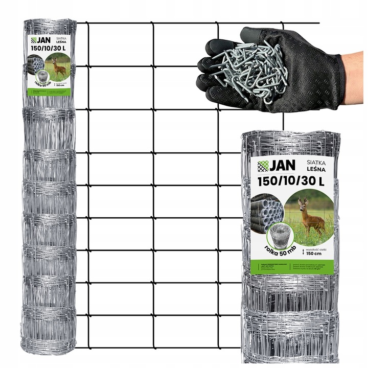 Plasa de gard forestier, Metal, 150/10/30 l, Zincata, 100 m, Inaltime 1.5 m, Diametru fir 2 mm, Rezistenta la conditii meteorologice, Set cu suporturi de montaj gratuit