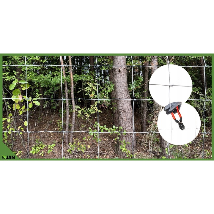 Plasa De Gard Forestier, JAN, 1 Rola, 150x50 m, Inaltime 150 cm, 10 Fire Orizontale, Distanta Intre Firele Verticale 15 cm, Fir Inferior Si Superior 2.5 mm, Firele Centrale 2 mm, Argintie