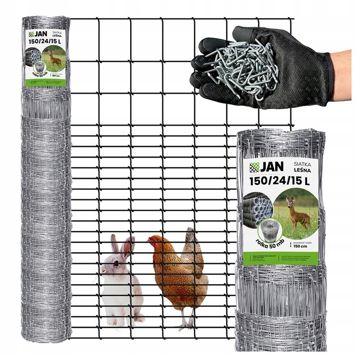 Plasa de gard forestier, Metal, 150/24/15 l, Inaltime 1.5 m, Latime 50 m, Zincata, Rezistenta la conditii atmosferice, Destinatie: protectia terenurilor forestiere si agricole