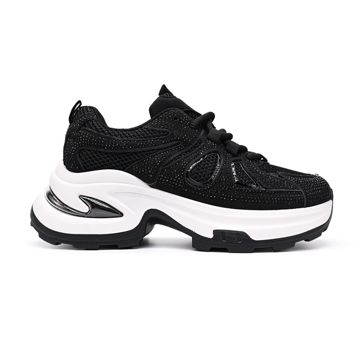 Pantofi Sport De Dama, Cu Insertii De Plasa si Strasuri, D1415, Negru