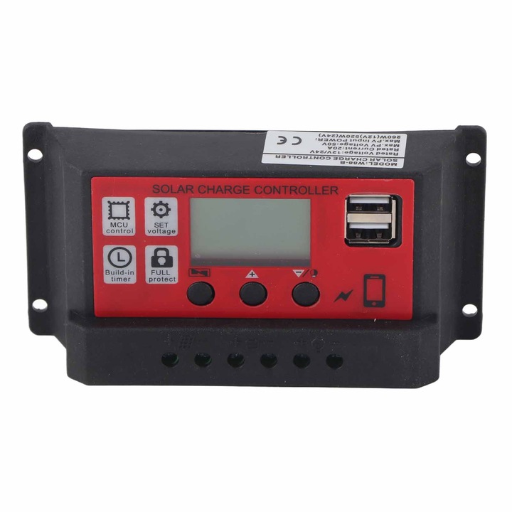 Контролер за слънчево зареждане HERUSI 12V 24V 20A с двоен USB 5V 5A LCD екран