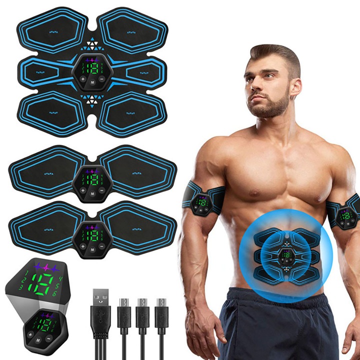 Aparat Electrostimulare, BOMSTOM, 3 bucati，6 Moduri, 19 Nivele, Display LCD, Stimuli EMS, Functie Stimulator Muscular, Brate, Picioare, Abdomen, Functie Tonifiere, pentru Antrenament Suplimentar, Slabit si Tonifiere, Negru