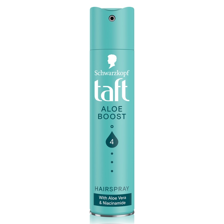 Fixativ Schwarzkopf Taft Aloe Boost, nivel de fixare 4 pentru coafare, fixativ pentru toate tipurile de par, ofera rezistenta si ingrijire cu aloe vera si niacinamide formula vegana, 250 ml