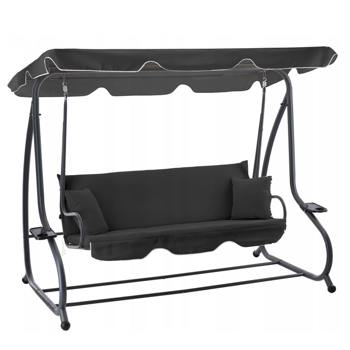3-местна градинска люлка с регулируем сенник, възглавници и поставка за чаша, 210x120x170 см, Тъмносив