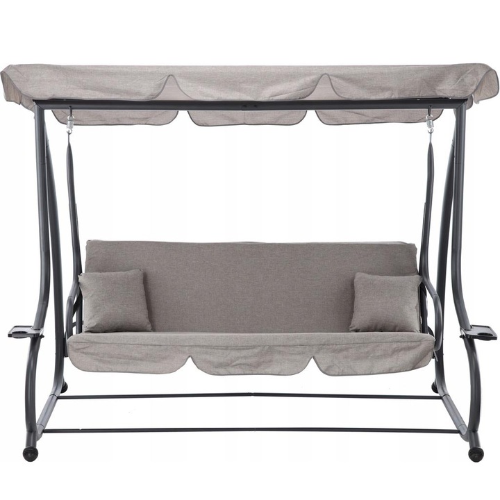 Leagan gradina 3 locuri cu baldachin reglabil, perne si suport pahare, 210x120x170 cm, gri