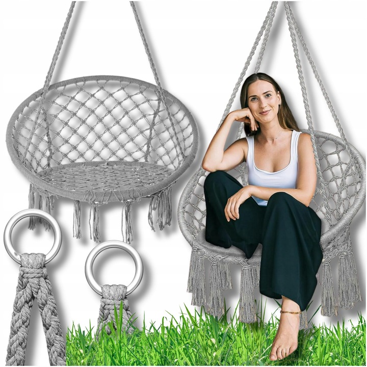 Кръгъл висящ стол-люлка, Omna, Щъркелово гнездо, издръжлив, стоманена конструкция, ергономичен дизайн, обща височина на ръцете: 1,5 м, обща височина без пискюли: 120 см, обща ширина: 80 см, сив