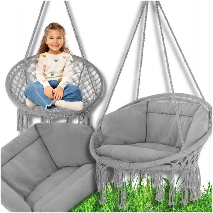 Кръгъл висящ люлеещ се стол с възглавница, Omna, Щъркелово гнездо, удобна възглавница, здрава метална рамка, лесно сглобяване, височина 120 см, обща ширина 80 см, сив
