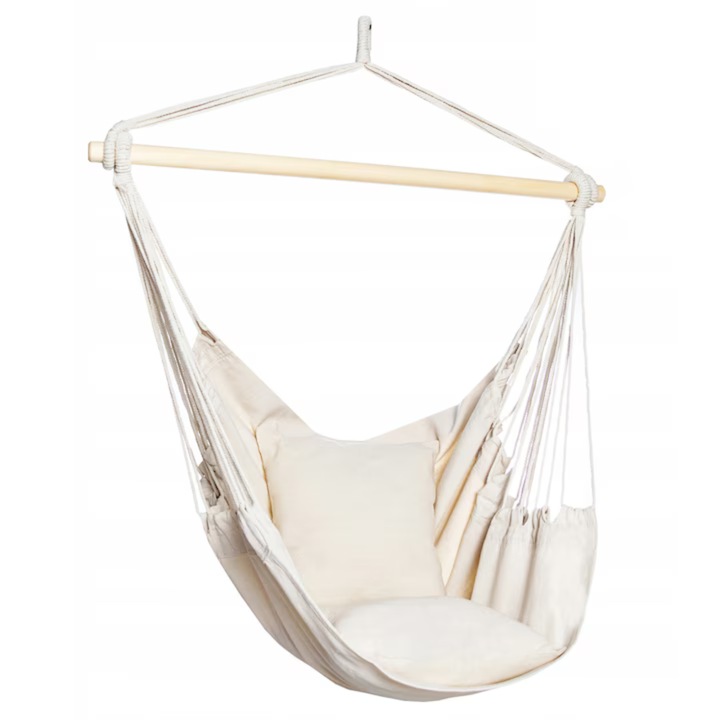 Hamac tip leagan suspendat pentru casa sau gradina VarioShop®, cu cadru din lemn, pentru interior/exterior, 130 x 100 cm, greutate maxima 150 kg, Crem