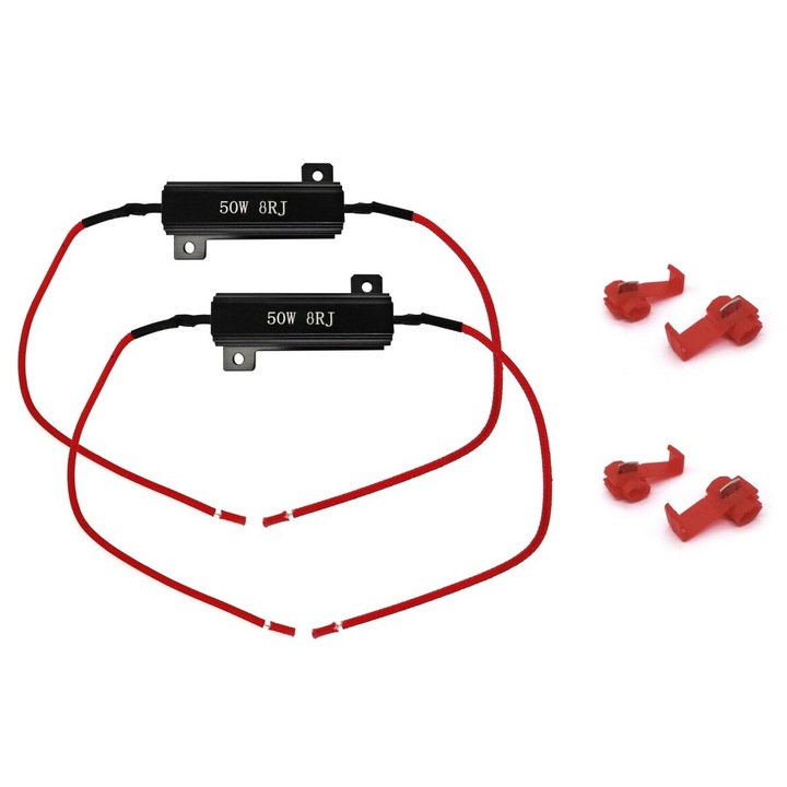 Rezistor auto pentru decodare erori CANBUS, Set de 2 bucati, motoLEDy, Putere 50W, Rezistenta 8 Ohm, Tensiune 12V, Cu radiator, Pentru becuri LED, Eliminare clipire rapida semnalizatoare si erori de bec ars