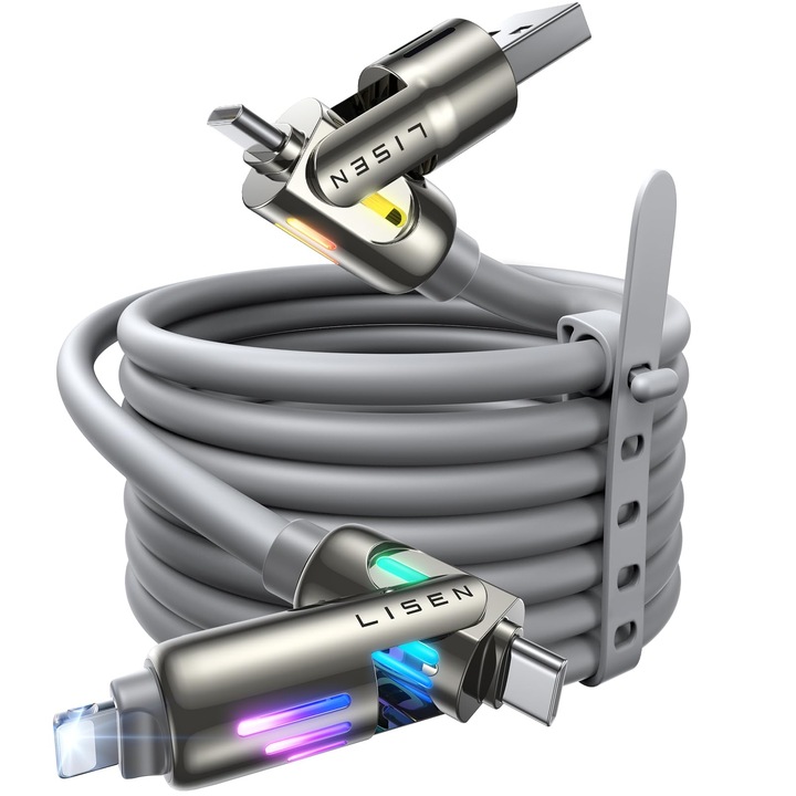 Cablu de incarcare 4 in 1 Lisen 240W, 1m, gri, cu lumini RGB