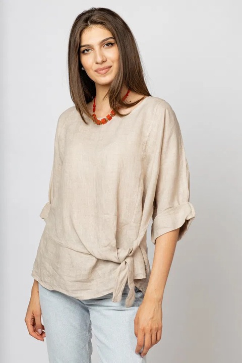 Bluza din in bej masura mare cu nod pe talie, Bej, One Size