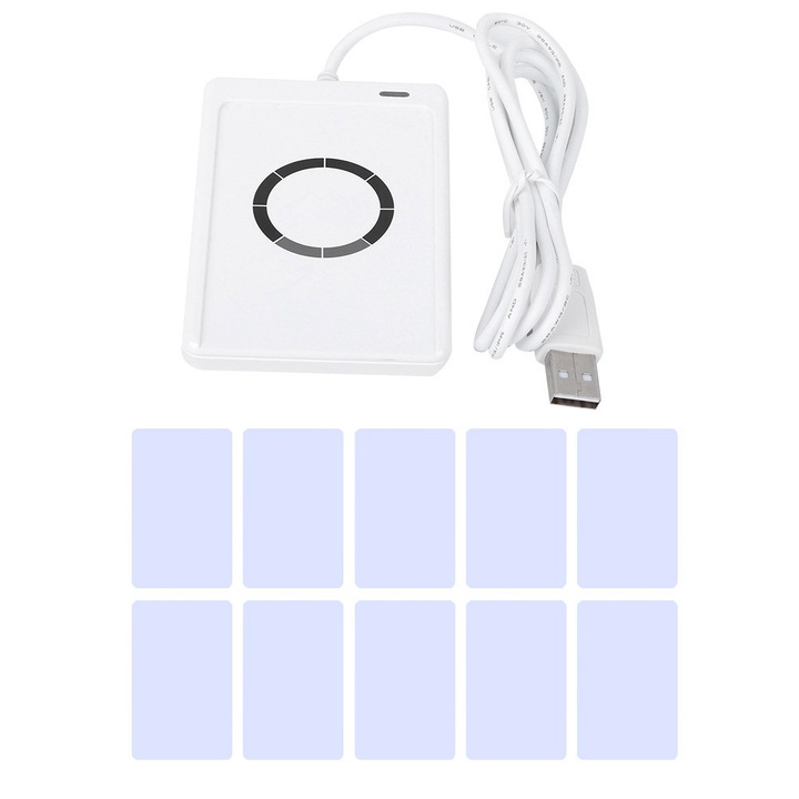 Cititor de carduri NFC Enforose, USB, compact, suporta carduri FeliCa, 75x30x12.7mm, set cu 4 carduri UID, 1 card CUID, 5 carduri de copiere