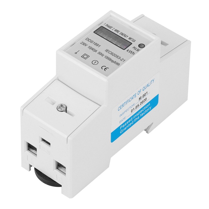 Contor electric monofazat Enforose DDS1891, 10(40)A, 230V, 1000imp/kWh, 50Hz, instalare pe sina DIN